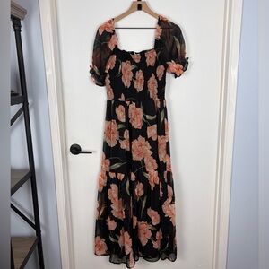 Patrons of Peace Floral Black Chiffon Smocked Puff Sleeve Boho Casual Maxi Dress